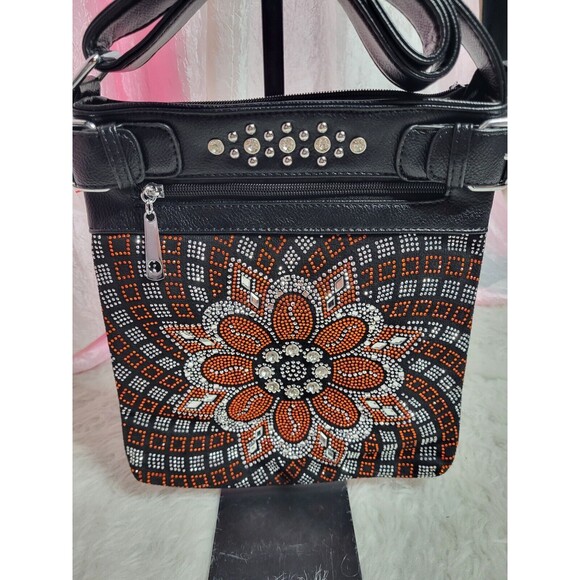 Orange Rhinestone Flower Boho Crossbody Purse - Picture 1 of 5